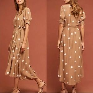 Kings Road Brown Puff Sleeve Faux Wrap Brown and White Polkadot Dress NWT